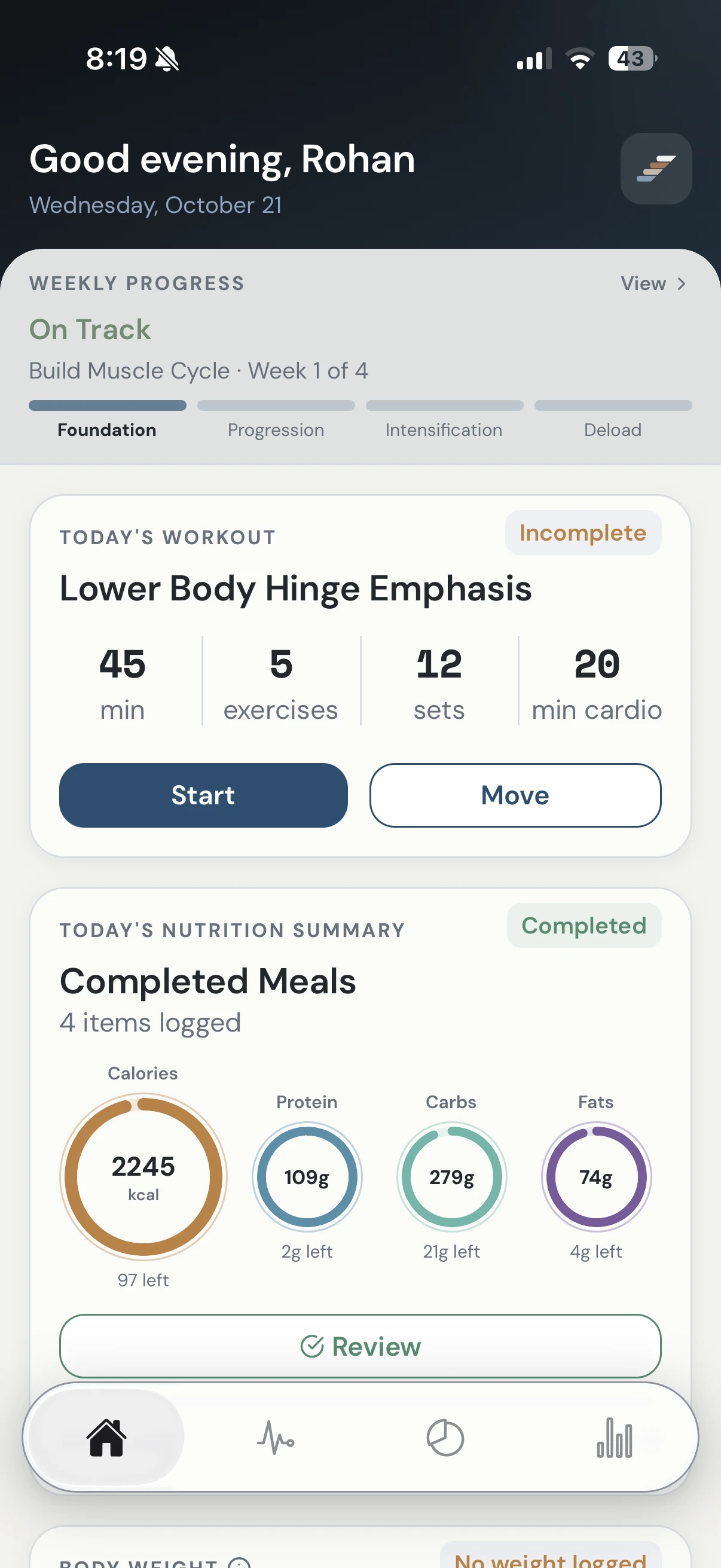 Clearset Home showing Rohan’s greeting, weekly progress, today’s workout, and nutrition summary.