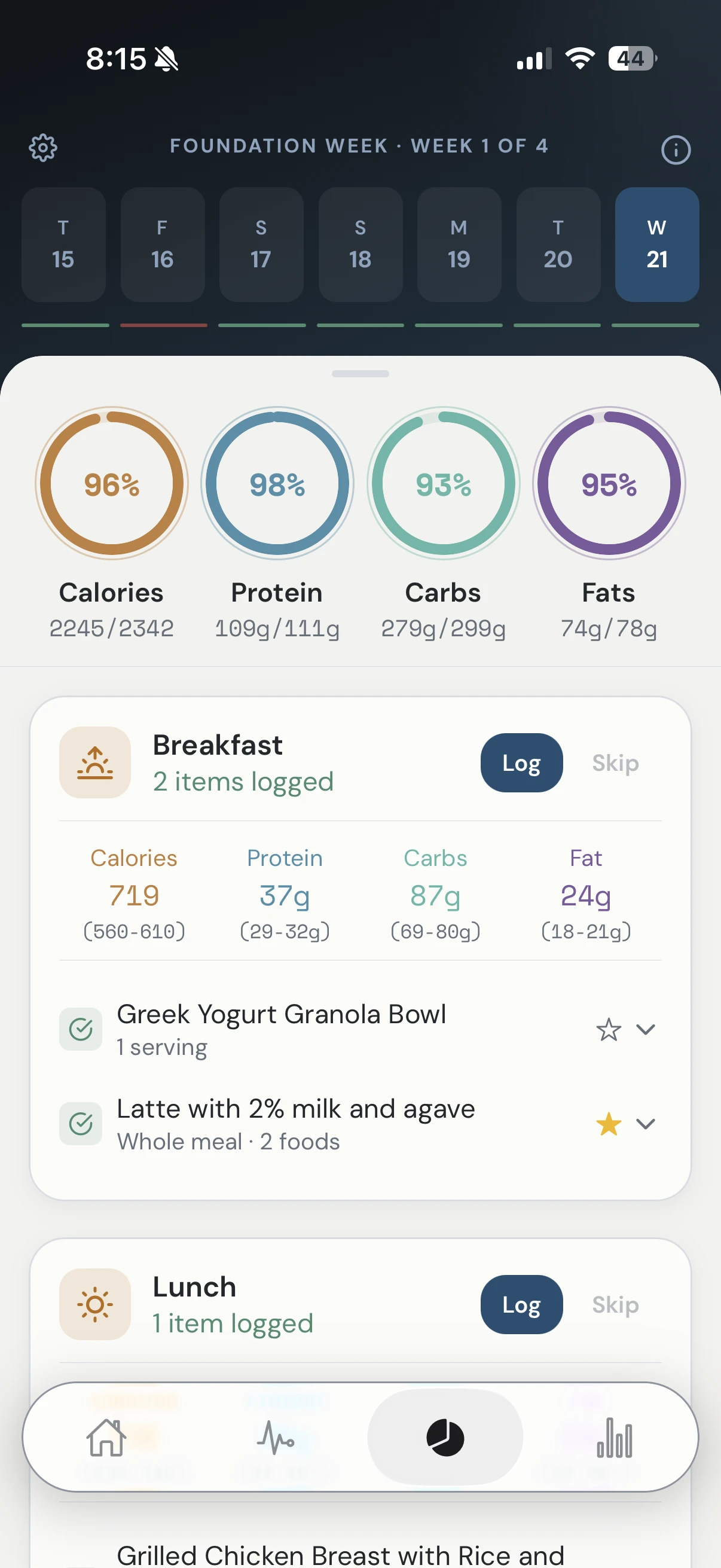 Clearset Nutrition showing daily macro progress and logged meals.