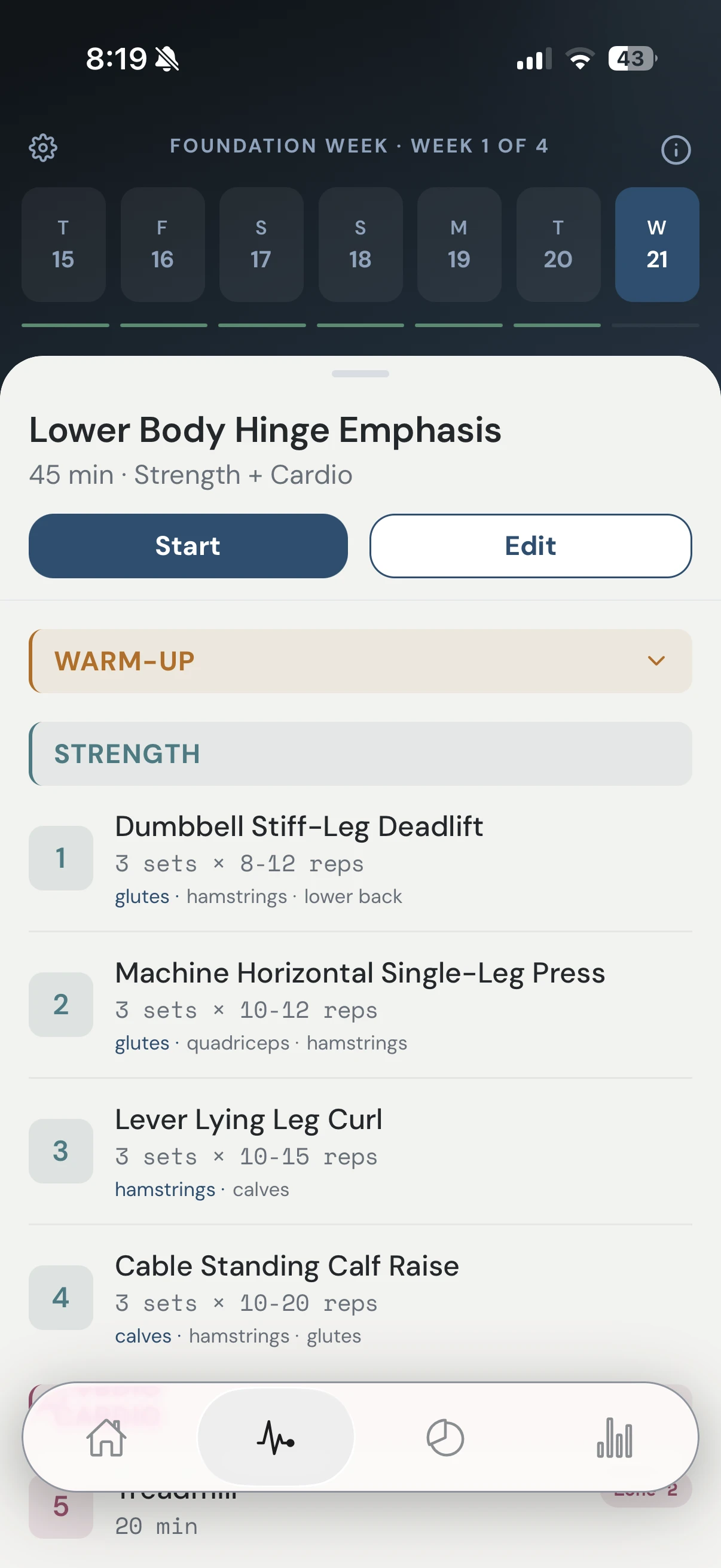 Clearset Workouts showing the weekly schedule and planned exercises.